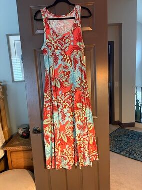 Soft Surroundings Coral and Aqua Tropical Maxi Dress
